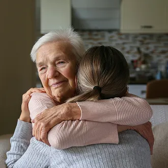 Senior woman warmly hugging a loved one in a cozy home setting, creating a touching family moment.